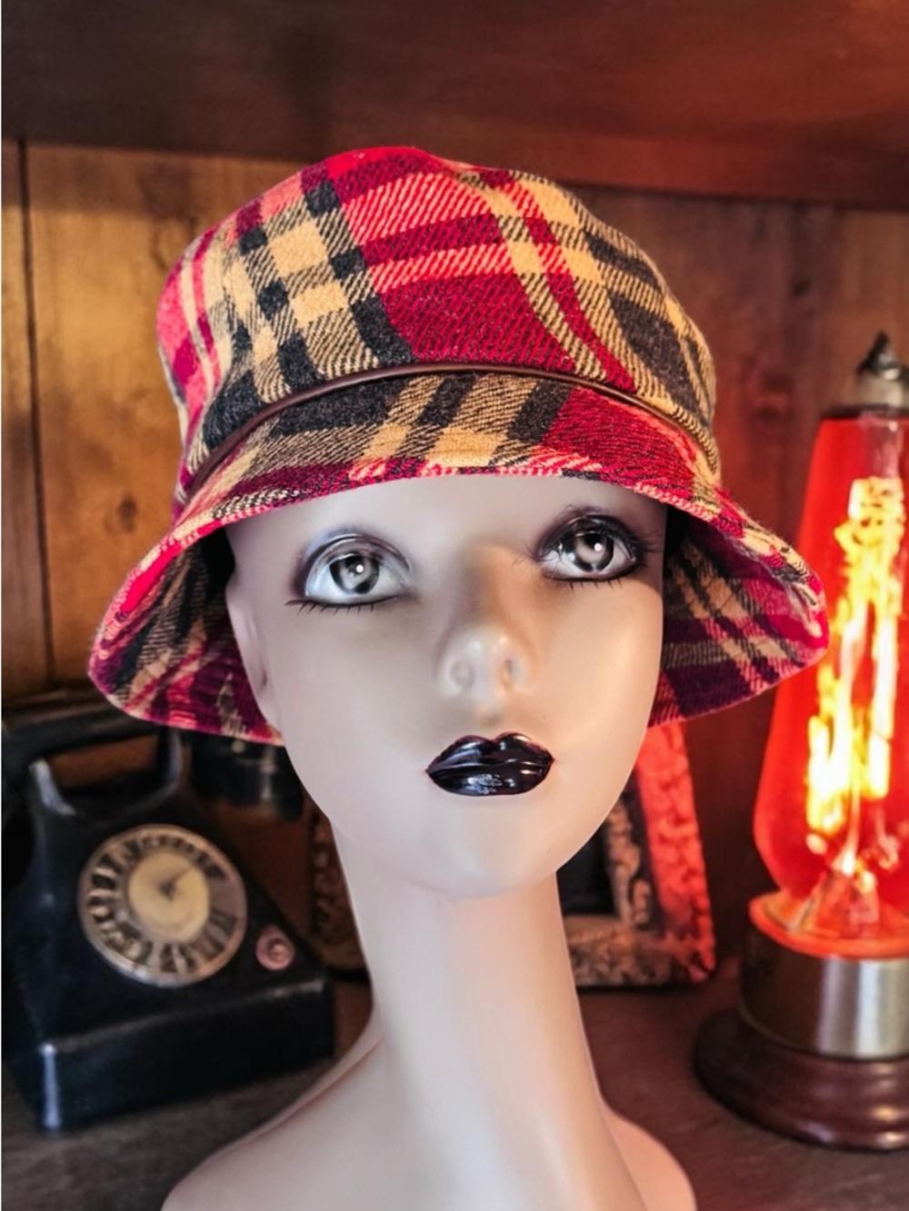 Old Country Road Vintage Bucket Hat Plaid Wool Blend EUC